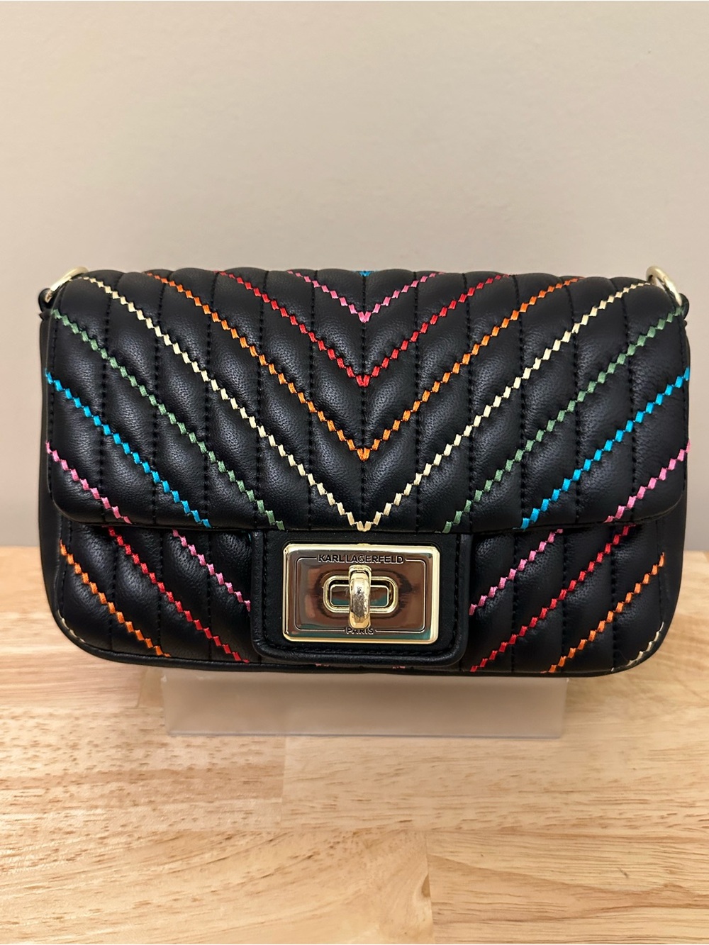 Karl Lagerfeld Black Quilted Crossbody Bag with Multicolor Stitching - Picture 7 of 16